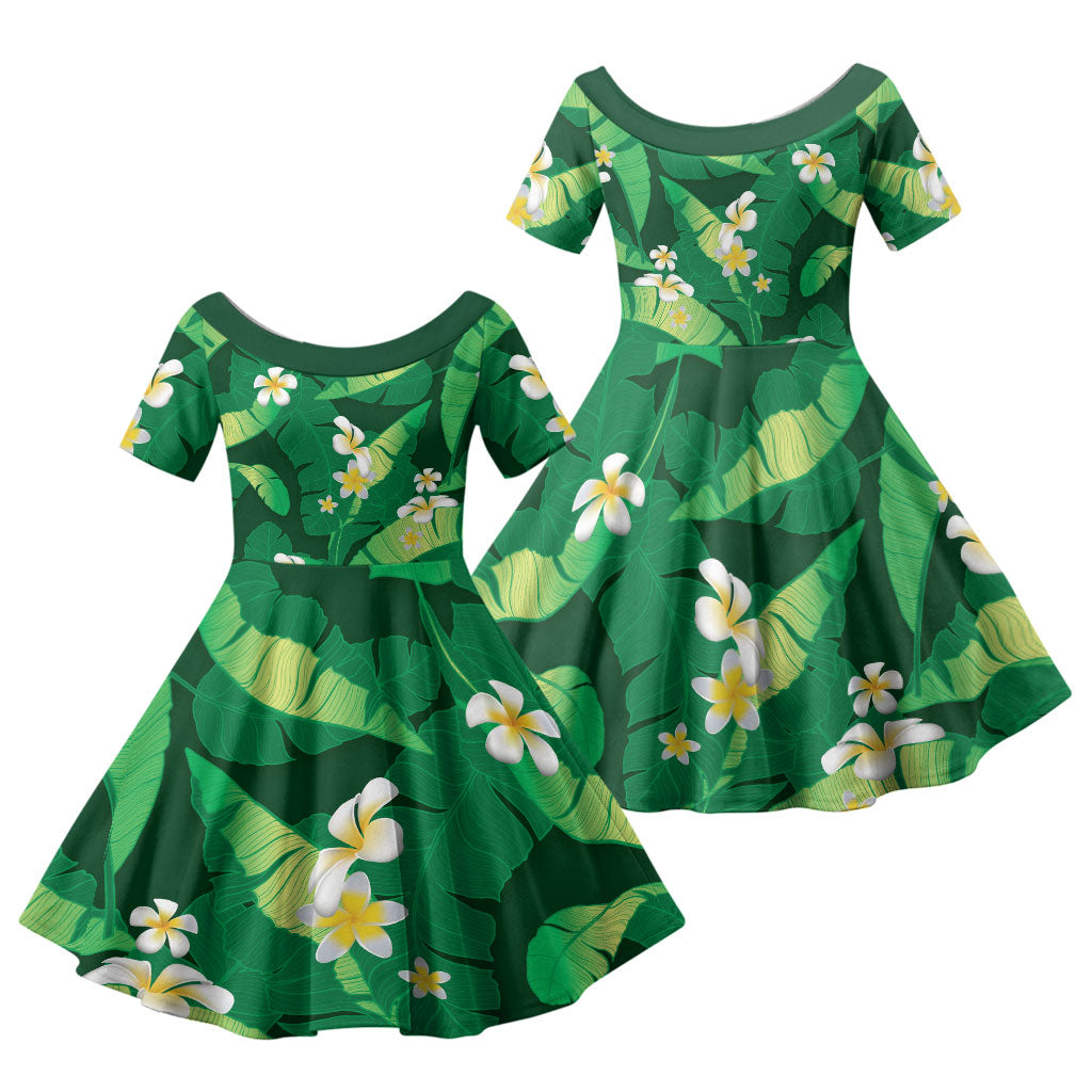 Green Banana Leaf Hawaii Family Matching Tank Maxi Dress and Hawaiian Shirt Lau Maia Plumeria Tropical Summer Vibes