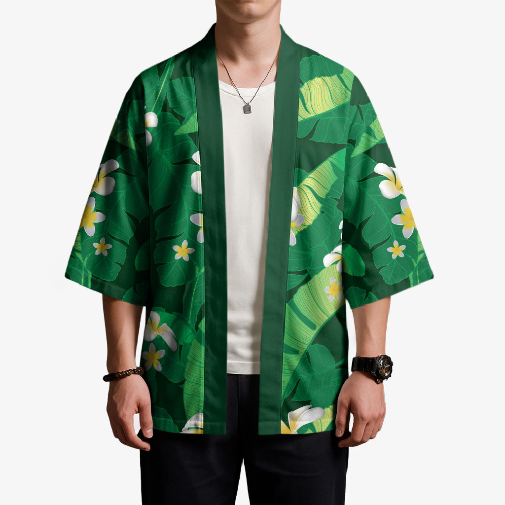 Green Banana Leaf Hawaii Kimono Lau Maia Plumeria Tropical Summer Vibes