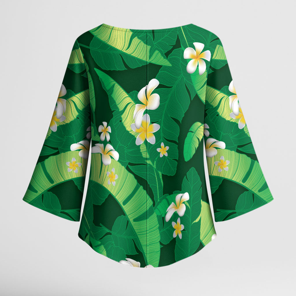 Green Banana Leaf Hawaii Kimono Sleeve Blouse Lau Maia Plumeria Tropical Summer Vibes