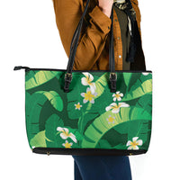 Green Banana Leaf Hawaii Leather Tote Bag Lau Maia Plumeria Tropical Summer Vibes
