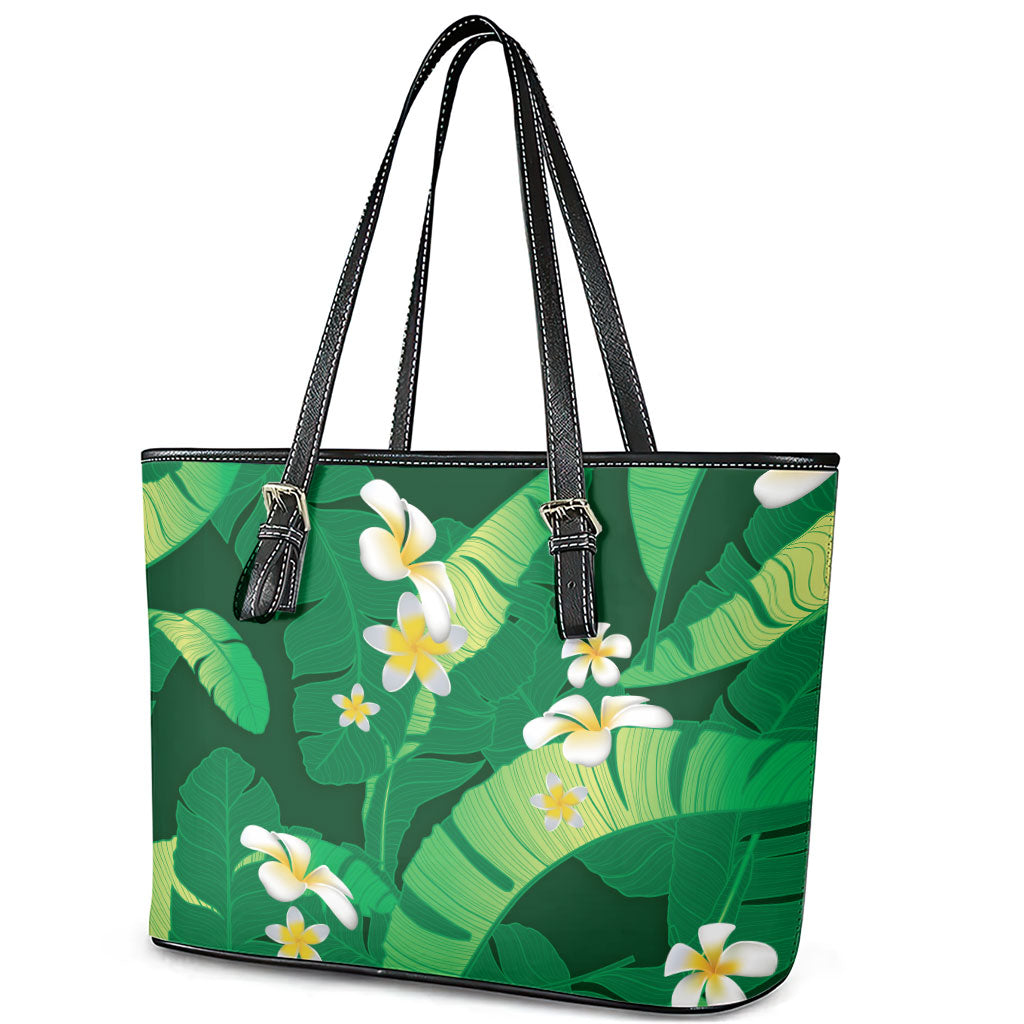 Green Banana Leaf Hawaii Leather Tote Bag Lau Maia Plumeria Tropical Summer Vibes