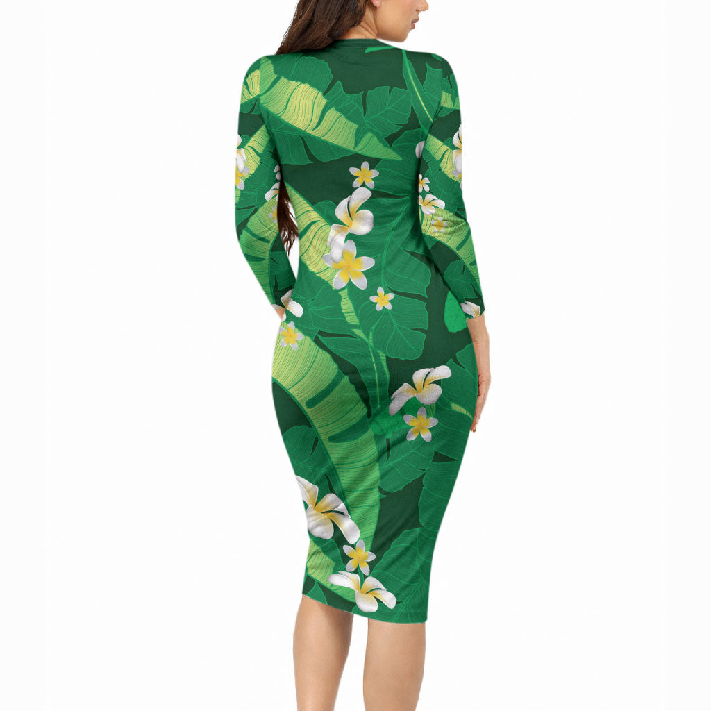 Green Banana Leaf Hawaii Long Sleeve Bodycon Dress Lau Maia Plumeria Tropical Summer Vibes