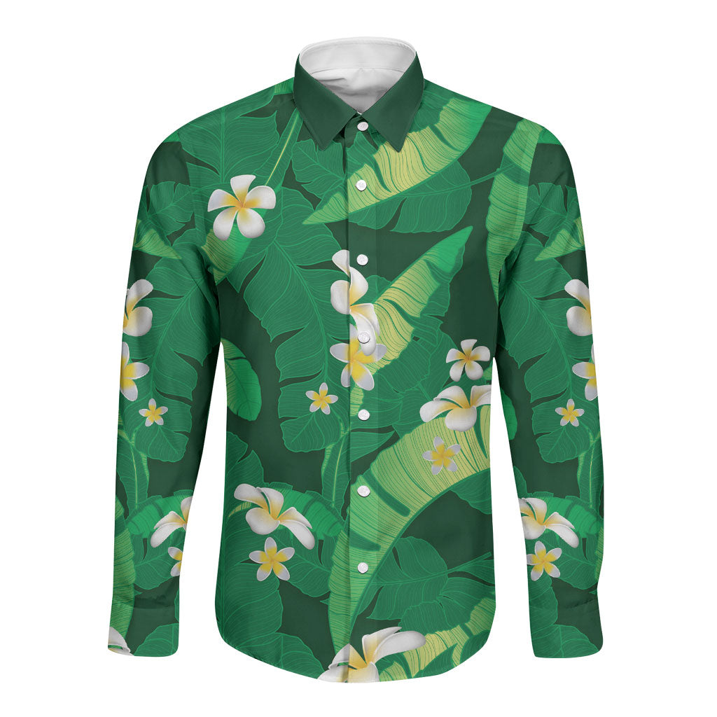 Green Banana Leaf Hawaii Long Sleeve Button Shirt Lau Maia Plumeria Tropical Summer Vibes