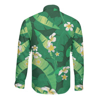 Green Banana Leaf Hawaii Long Sleeve Button Shirt Lau Maia Plumeria Tropical Summer Vibes