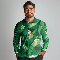 Green Banana Leaf Hawaii Long Sleeve Polo Shirt Lau Maia Plumeria Tropical Summer Vibes