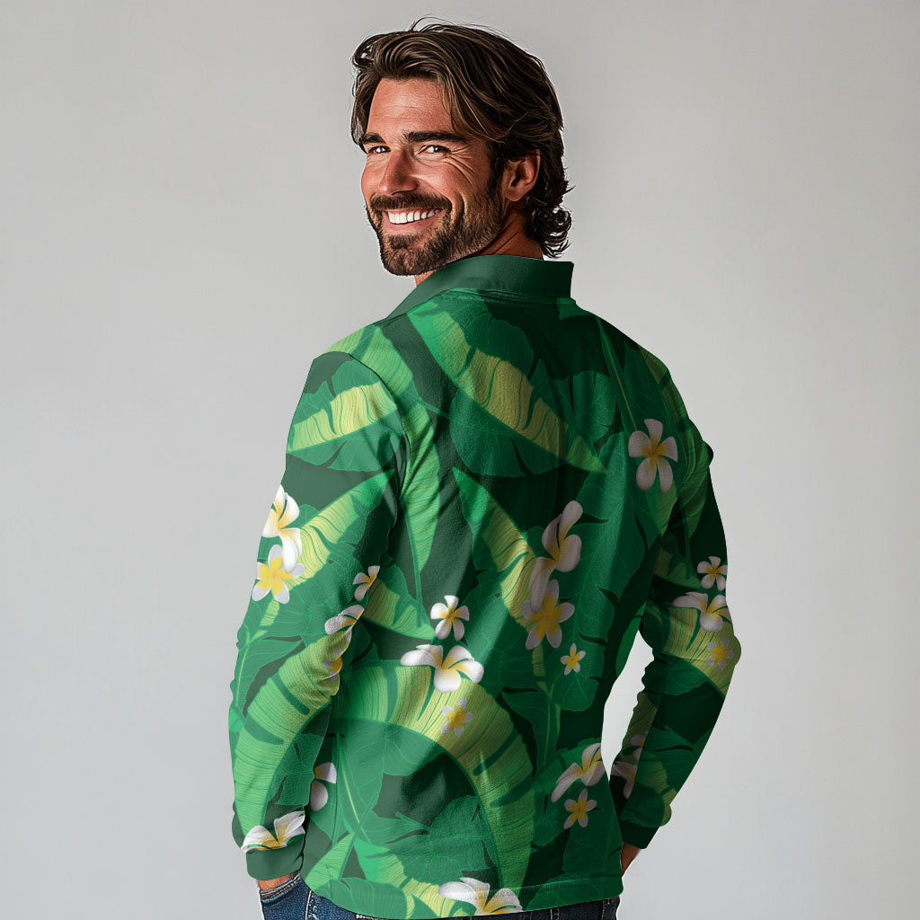 Green Banana Leaf Hawaii Long Sleeve Polo Shirt Lau Maia Plumeria Tropical Summer Vibes