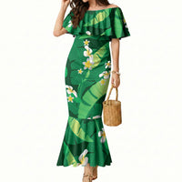 Green Banana Leaf Hawaii Mermaid Dress Lau Maia Plumeria Tropical Summer Vibes