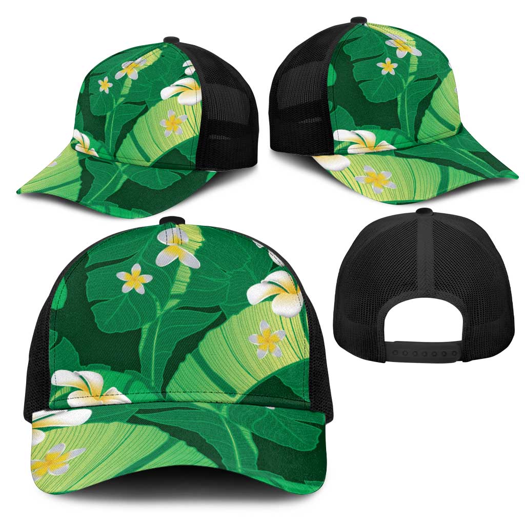Green Banana Leaf Hawaii Mesh Trucker Cap Lau Maia Plumeria Tropical Summer Vibes
