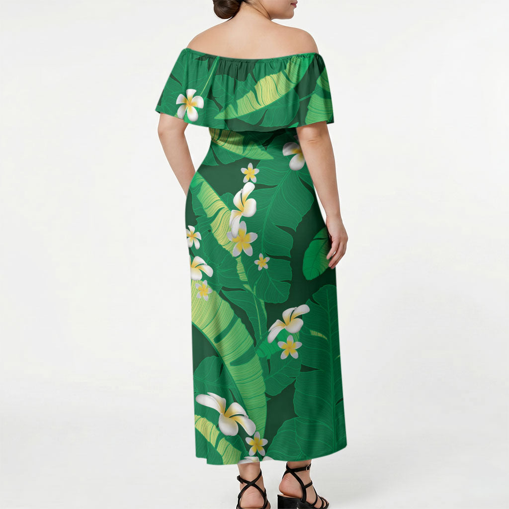 Green Banana Leaf Hawaii Off Shoulder Maxi Dress Lau Maia Plumeria Tropical Summer Vibes