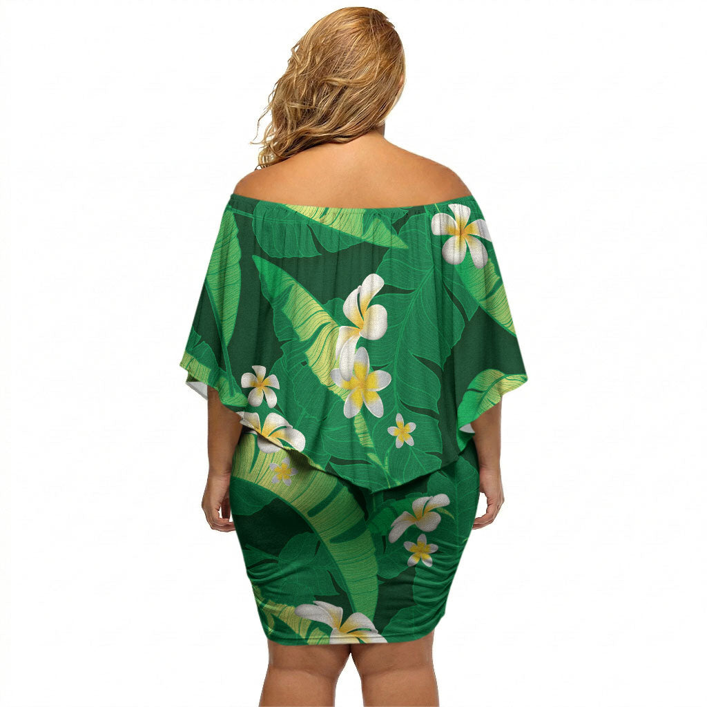 Green Banana Leaf Hawaii Off Shoulder Short Dress Lau Maia Plumeria Tropical Summer Vibes