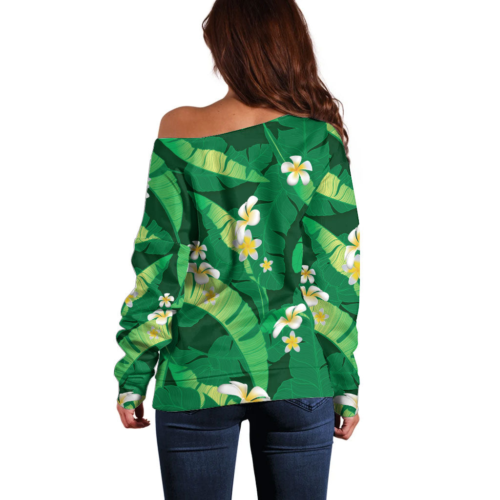 Green Banana Leaf Hawaii Off Shoulder Sweater Lau Maia Plumeria Tropical Summer Vibes