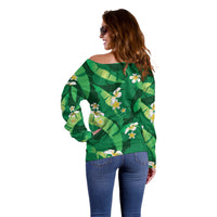 Green Banana Leaf Hawaii Off Shoulder Sweater Lau Maia Plumeria Tropical Summer Vibes