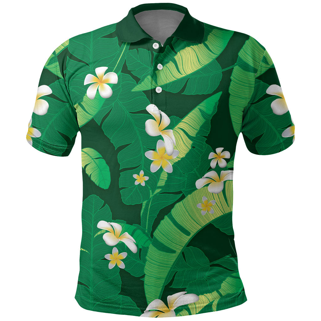 Green Banana Leaf Hawaii Polo Shirt Lau Maia Plumeria Tropical Summer Vibes