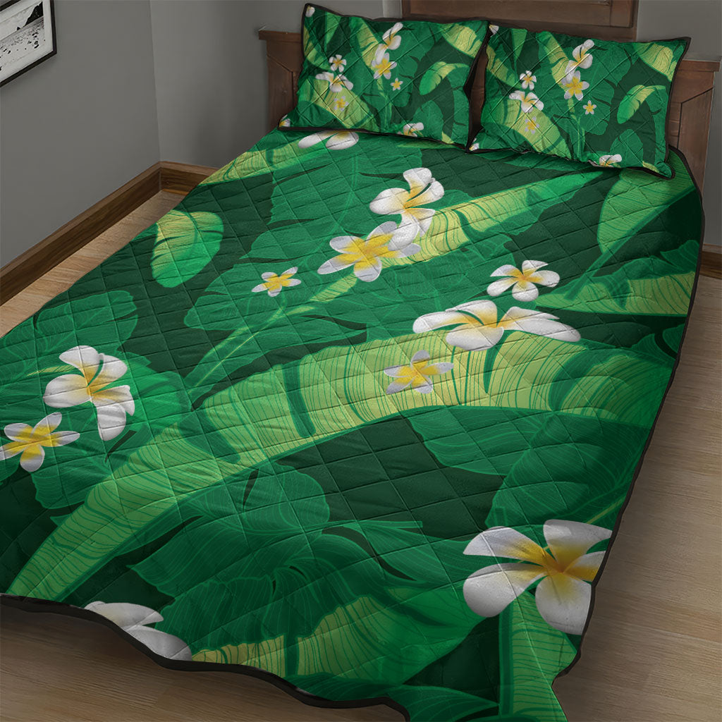 Green Banana Leaf Hawaii Quilt Bed Set Lau Maia Plumeria Tropical Summer Vibes