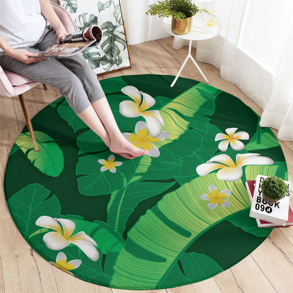 Green Banana Leaf Hawaii Round Carpet Lau Maia Plumeria Tropical Summer Vibes