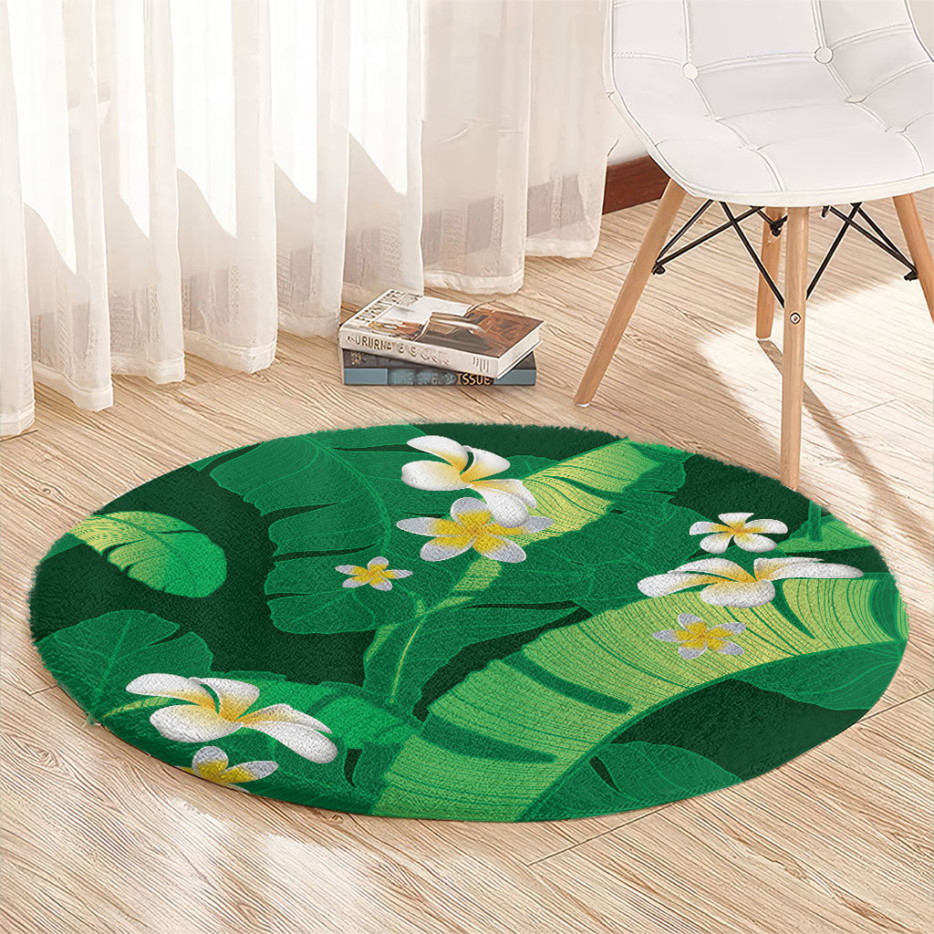 Green Banana Leaf Hawaii Round Carpet Lau Maia Plumeria Tropical Summer Vibes