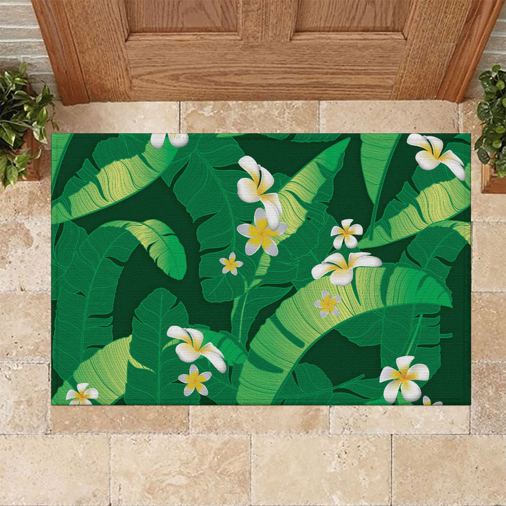 Green Banana Leaf Hawaii Rubber Doormat Lau Maia Plumeria Tropical Summer Vibes