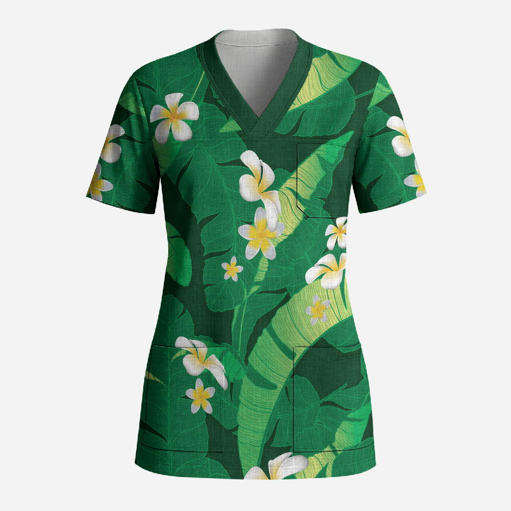 Green Banana Leaf Hawaii Scrub Top Lau Maia Plumeria Tropical Summer Vibes