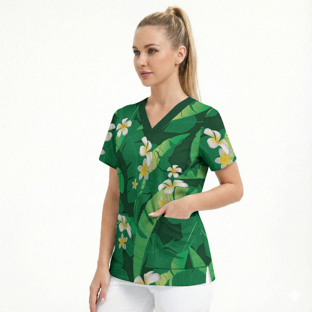 Green Banana Leaf Hawaii Scrub Top Lau Maia Plumeria Tropical Summer Vibes