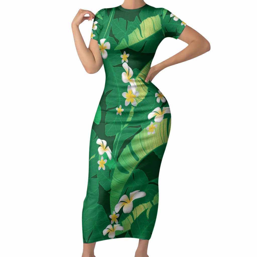 Green Banana Leaf Hawaii Short Sleeve Bodycon Dress Lau Maia Plumeria Tropical Summer Vibes