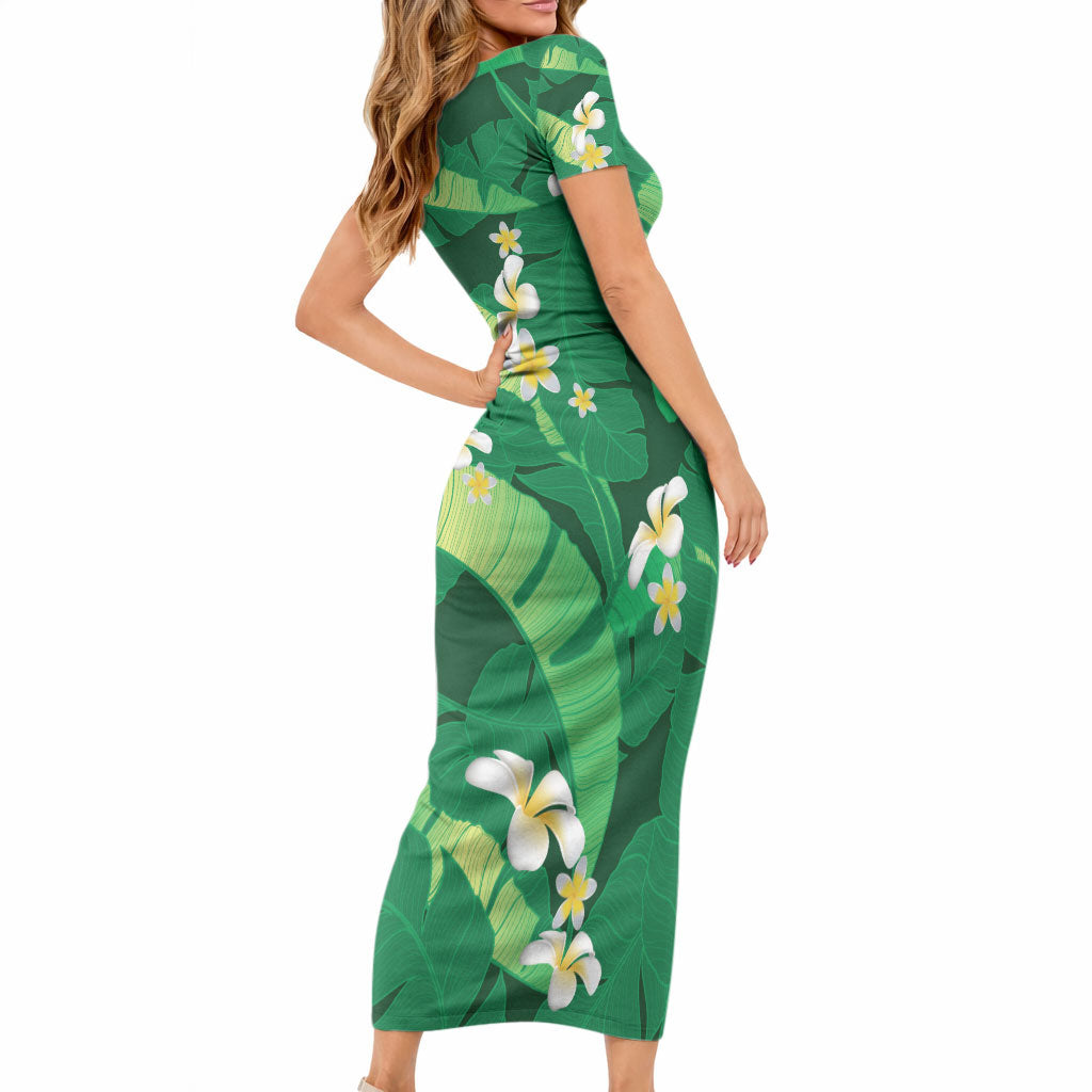 Green Banana Leaf Hawaii Short Sleeve Bodycon Dress Lau Maia Plumeria Tropical Summer Vibes
