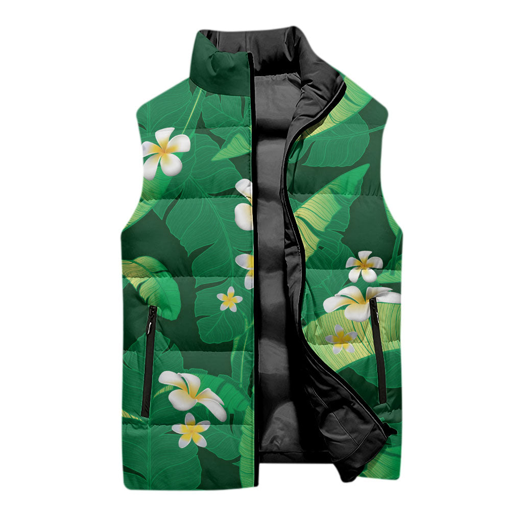 Green Banana Leaf Hawaii Sleeveless Puffer Jacket Lau Maia Plumeria Tropical Summer Vibes