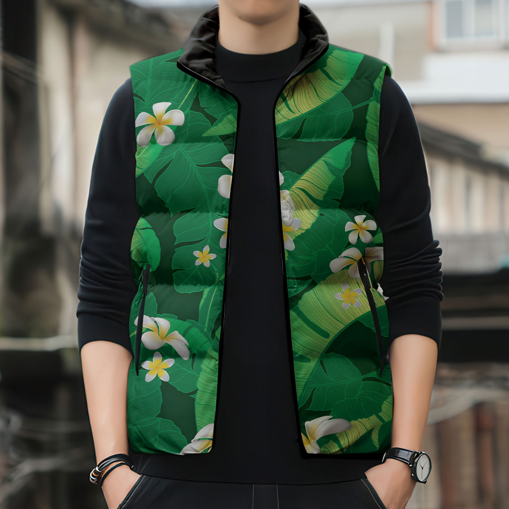 Green Banana Leaf Hawaii Sleeveless Puffer Jacket Lau Maia Plumeria Tropical Summer Vibes