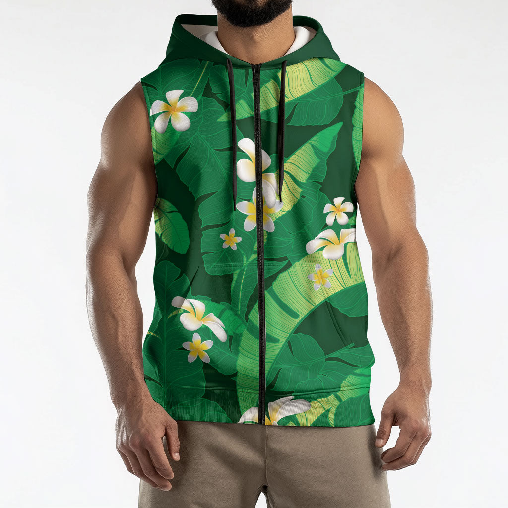 Green Banana Leaf Hawaii Sleeveless Zip Hoodie Lau Maia Plumeria Tropical Summer Vibes