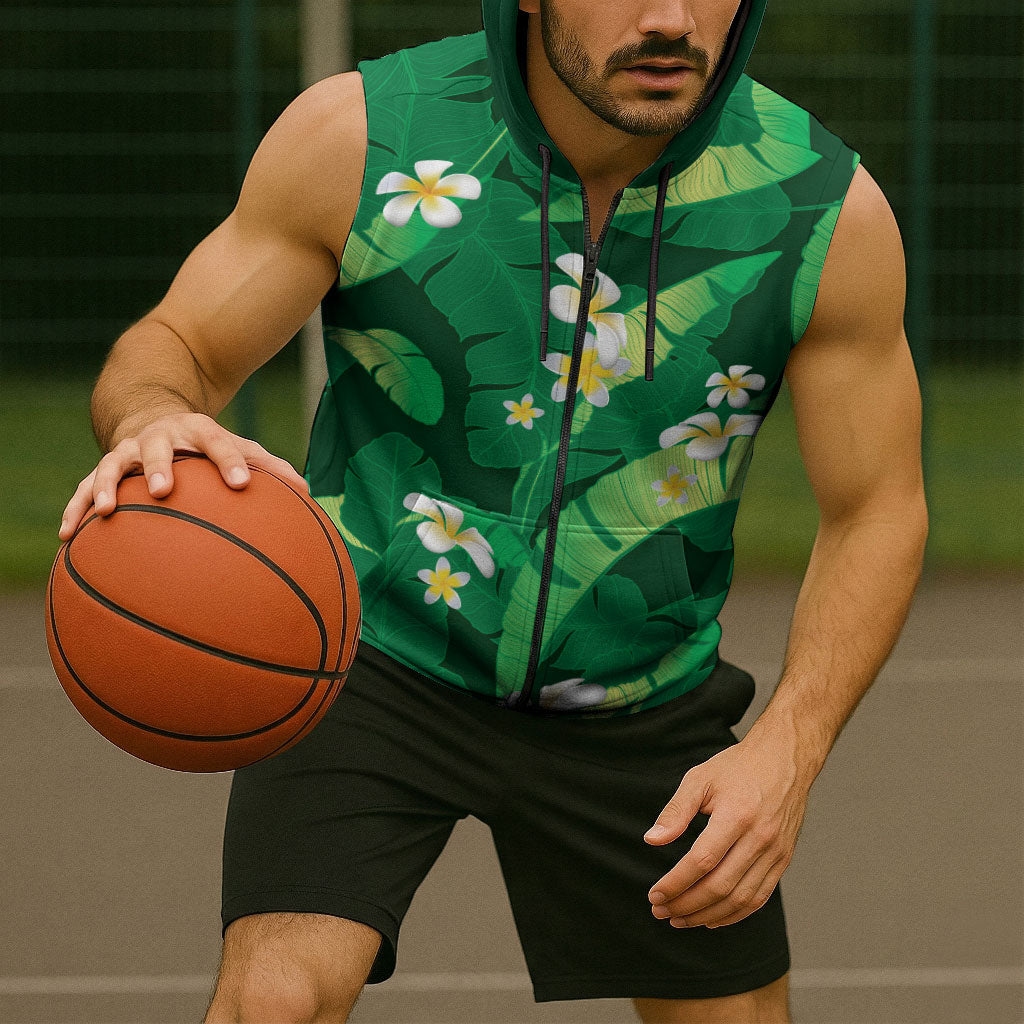 Green Banana Leaf Hawaii Sleeveless Zip Hoodie Lau Maia Plumeria Tropical Summer Vibes