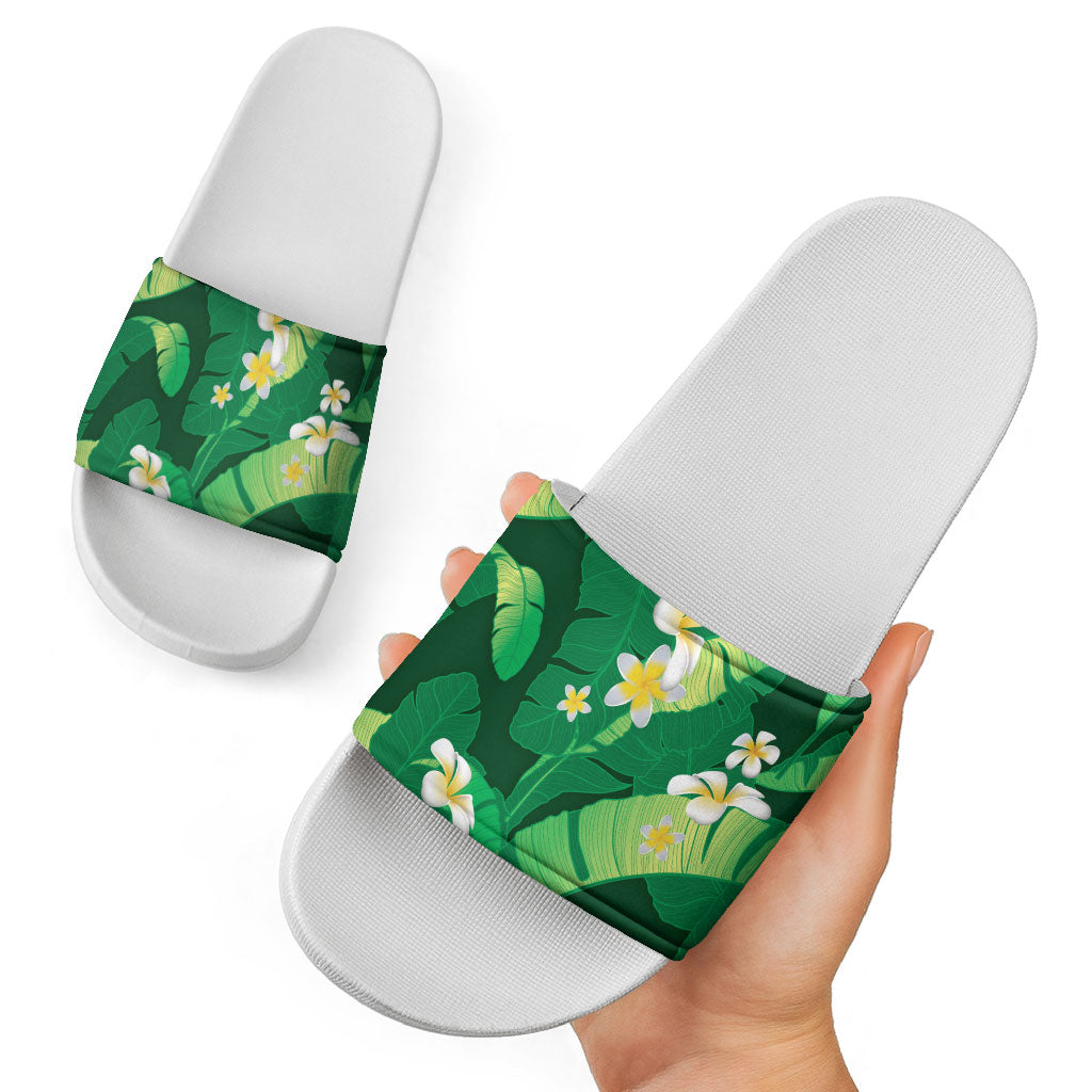Green Banana Leaf Hawaii Slide Sandals Lau Maia Plumeria Tropical Summer Vibes