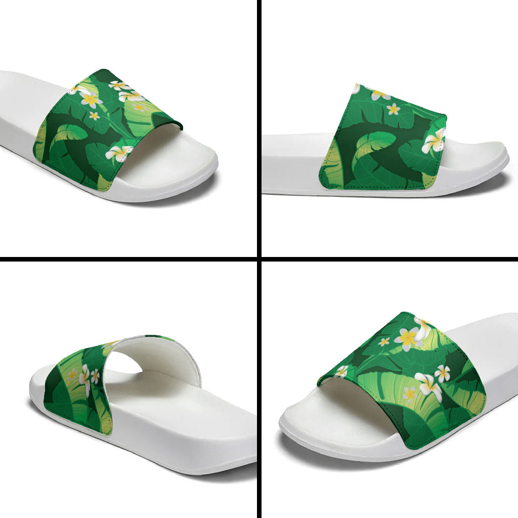 Green Banana Leaf Hawaii Slide Sandals Lau Maia Plumeria Tropical Summer Vibes