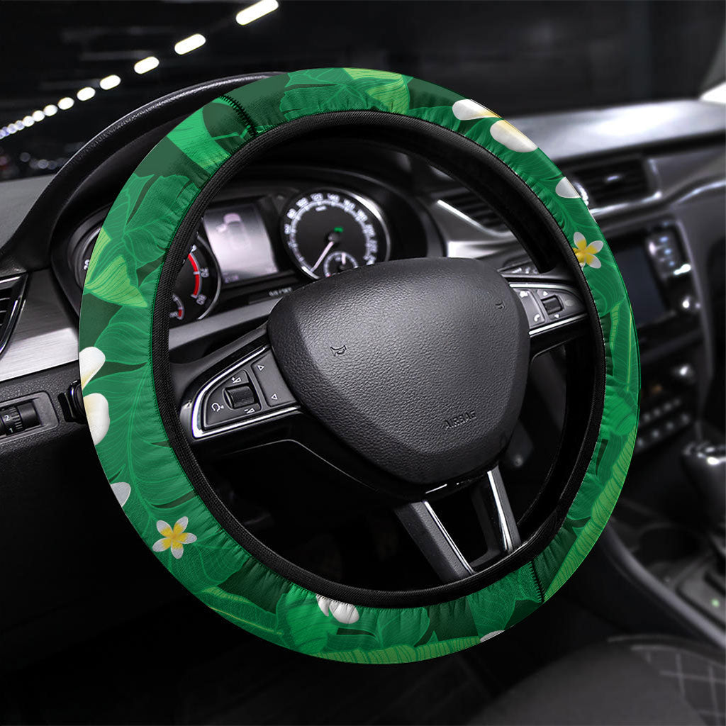 Green Banana Leaf Hawaii Steering Wheel Cover Lau Maia Plumeria Tropical Summer Vibes