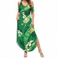 Green Banana Leaf Hawaii Summer Maxi Dress Lau Maia Plumeria Tropical Summer Vibes
