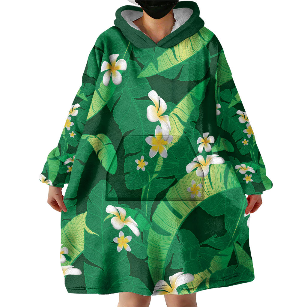 Green Banana Leaf Hawaii Wearable Blanket Hoodie Lau Maia Plumeria Tropical Summer Vibes