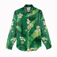 Green Banana Leaf Hawaii Women Casual Shirt Lau Maia Plumeria Tropical Summer Vibes