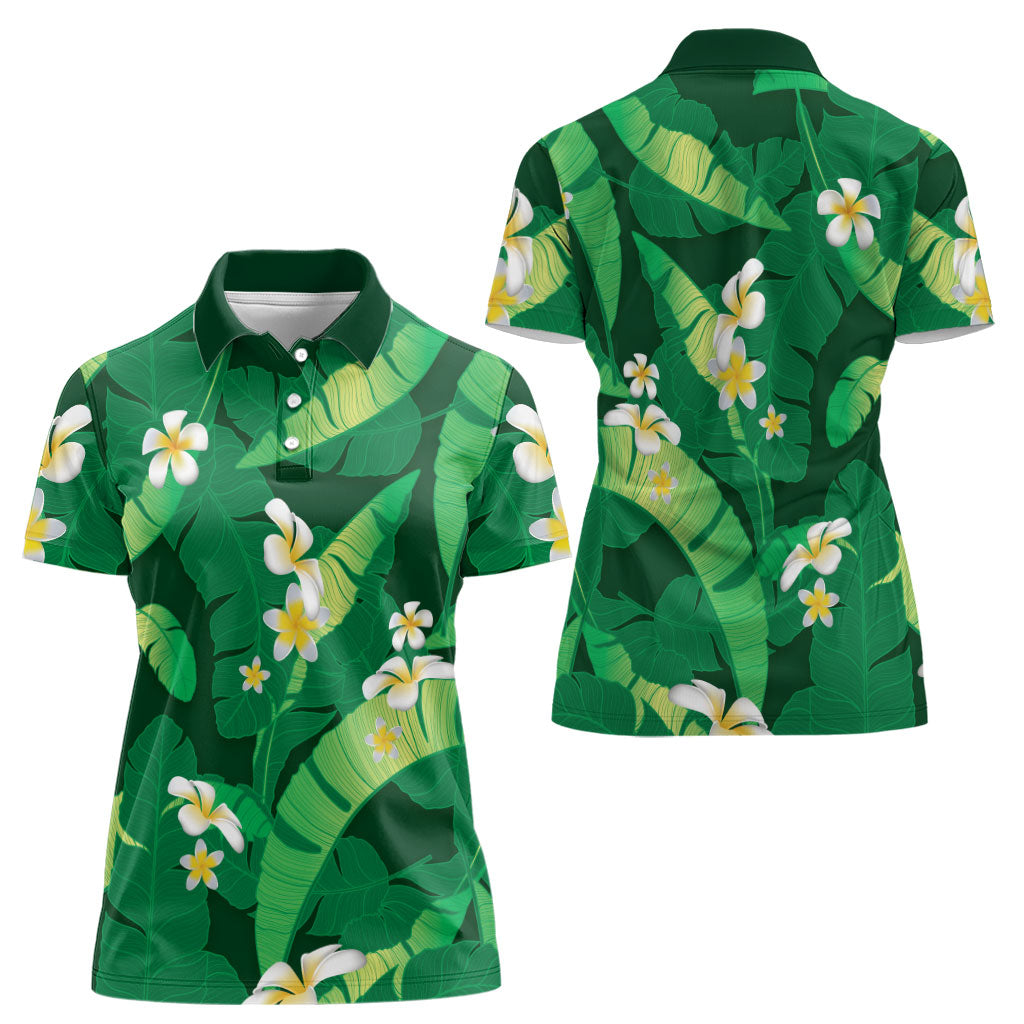 Green Banana Leaf Hawaii Women Polo Shirt Lau Maia Plumeria Tropical Summer Vibes