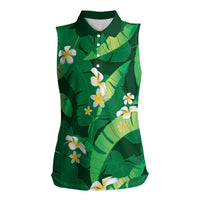 Green Banana Leaf Hawaii Women Sleeveless Polo Shirt Lau Maia Plumeria Tropical Summer Vibes