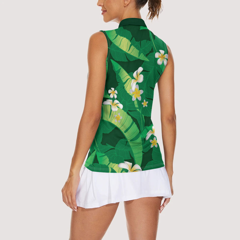 Green Banana Leaf Hawaii Women Sleeveless Polo Shirt Lau Maia Plumeria Tropical Summer Vibes