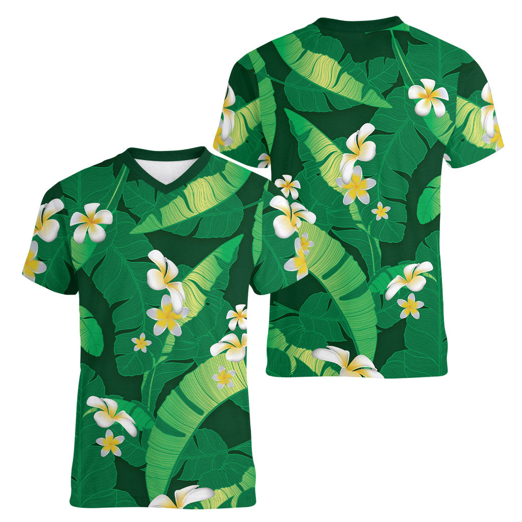 Green Banana Leaf Hawaii Women V-Neck T-Shirt Lau Maia Plumeria Tropical Summer Vibes