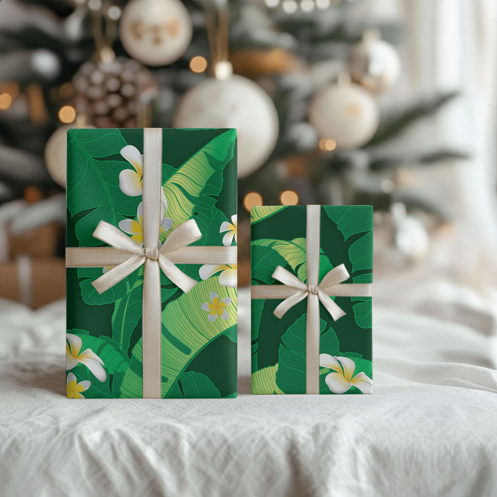 Green Banana Leaf Hawaii Wrapping Paper Lau Maia Plumeria Tropical Summer Vibes
