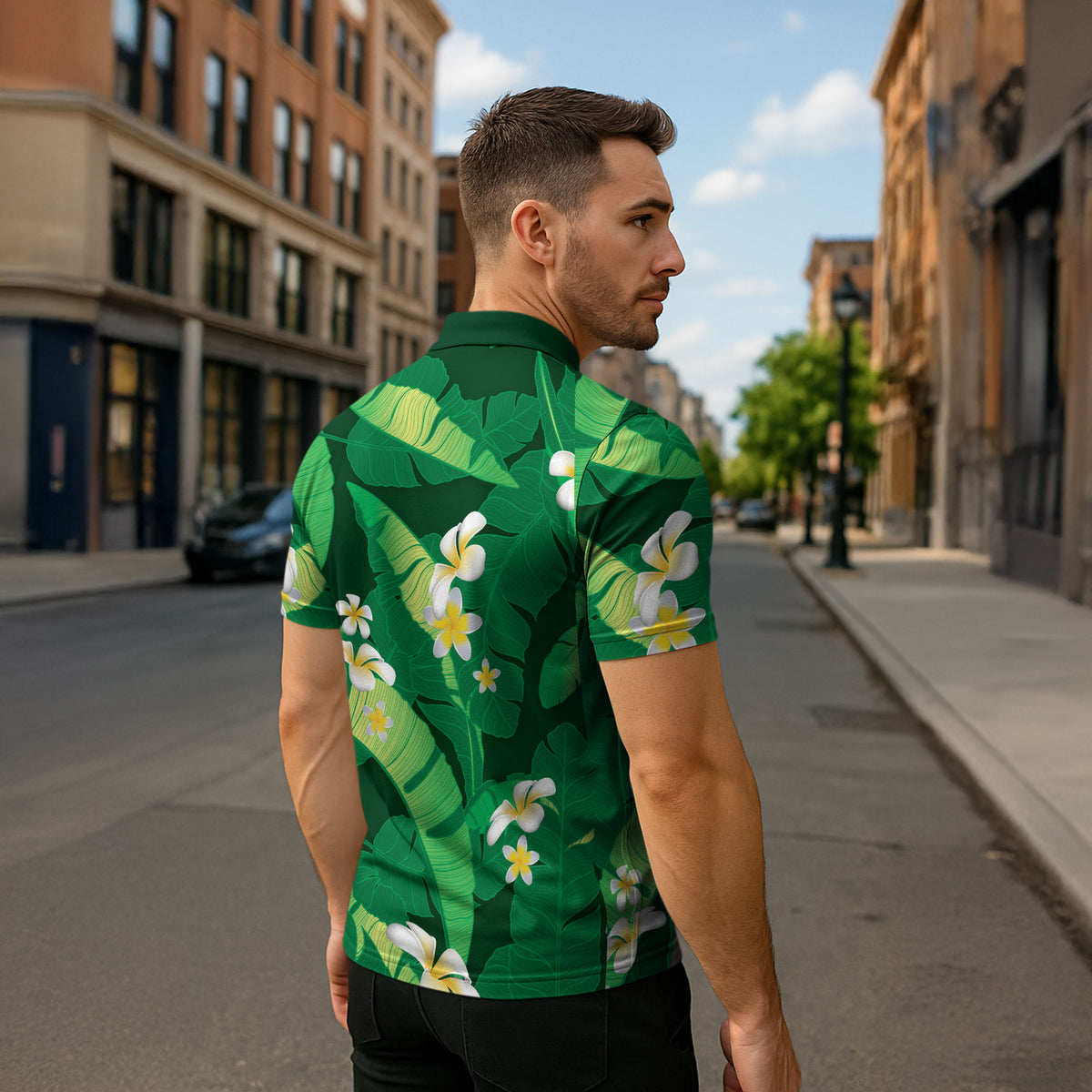 Green Banana Leaf Hawaii Zipper Polo Shirt Lau Maia Plumeria Tropical Summer Vibes