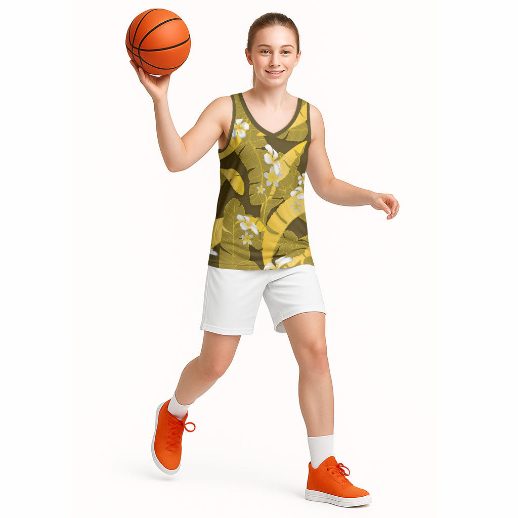Yellow Banana Leaf Hawaii Basketball Jersey Lau Maia Plumeria Tropical Summer Vibes