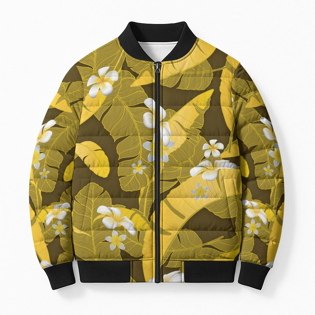 Yellow Banana Leaf Hawaii Bomber Puffer Jacket Lau Maia Plumeria Tropical Summer Vibes LT14 Unisex Yellow - Polynesian Pride