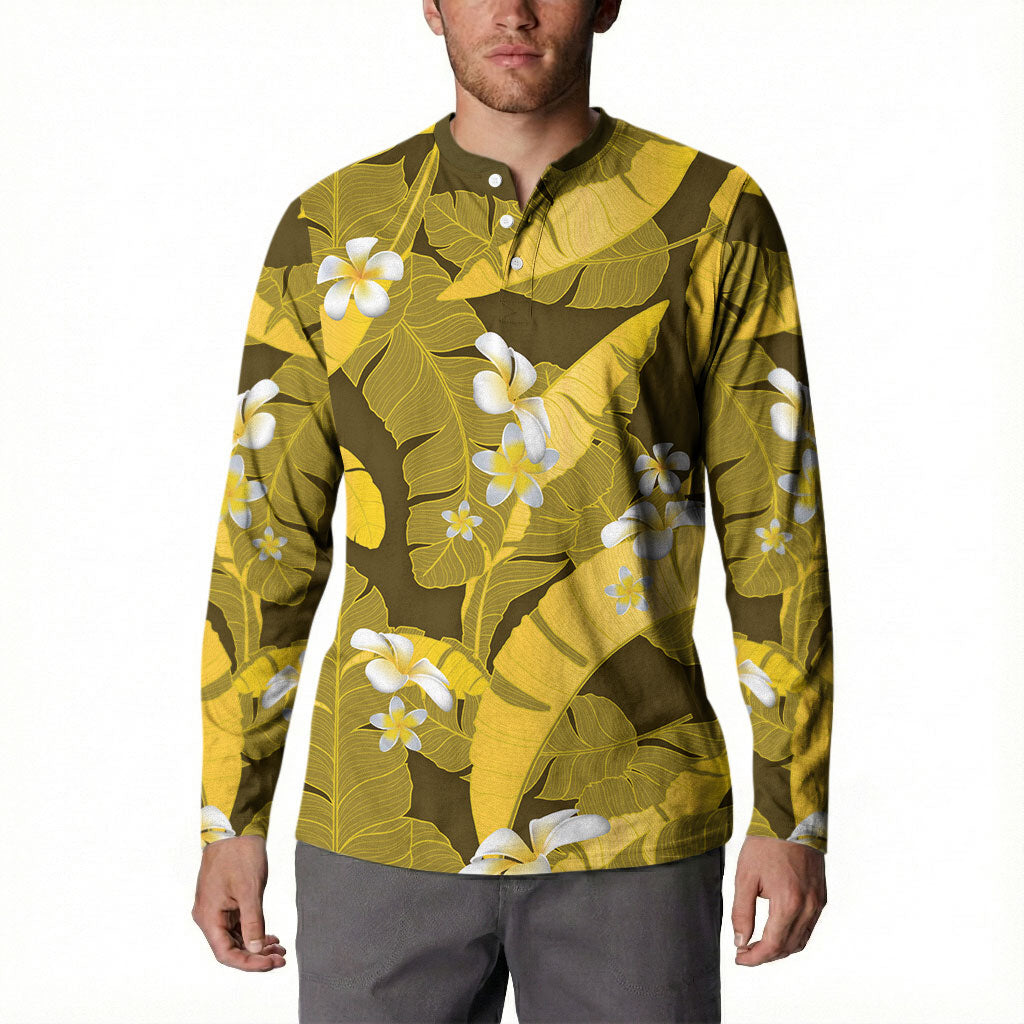 Yellow Banana Leaf Hawaii Button Sweatshirt Lau Maia Plumeria Tropical Summer Vibes