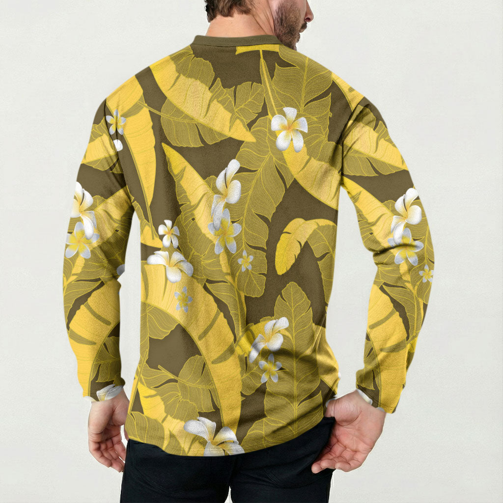 Yellow Banana Leaf Hawaii Button Sweatshirt Lau Maia Plumeria Tropical Summer Vibes