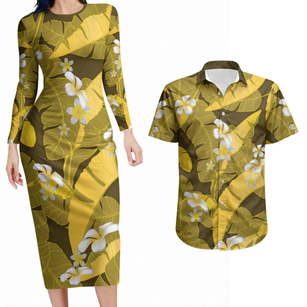 Yellow Banana Leaf Hawaii Couples Matching Long Sleeve Bodycon Dress and Hawaiian Shirt Lau Maia Plumeria Tropical Summer Vibes LT14 Yellow - Polynesian Pride