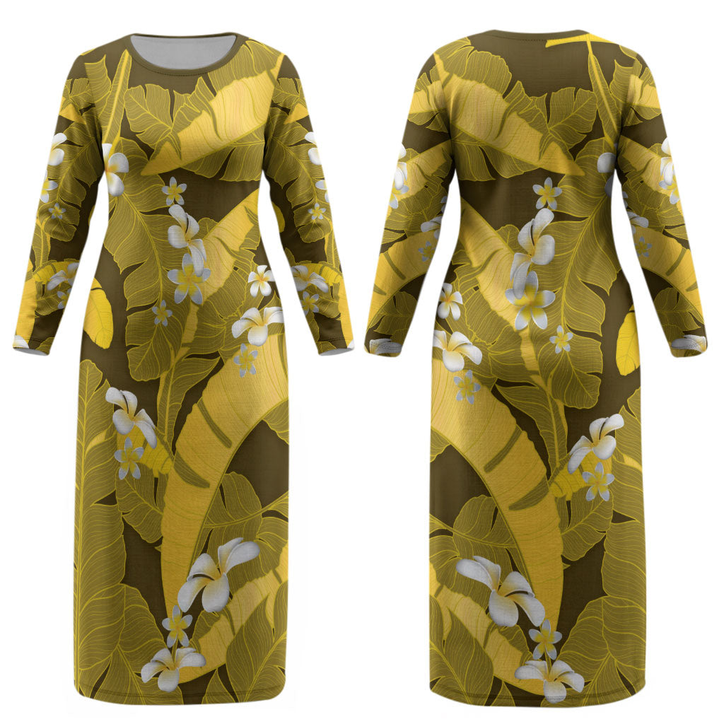 Yellow Banana Leaf Hawaii Couples Matching Long Sleeve Bodycon Dress and Hawaiian Shirt Lau Maia Plumeria Tropical Summer Vibes