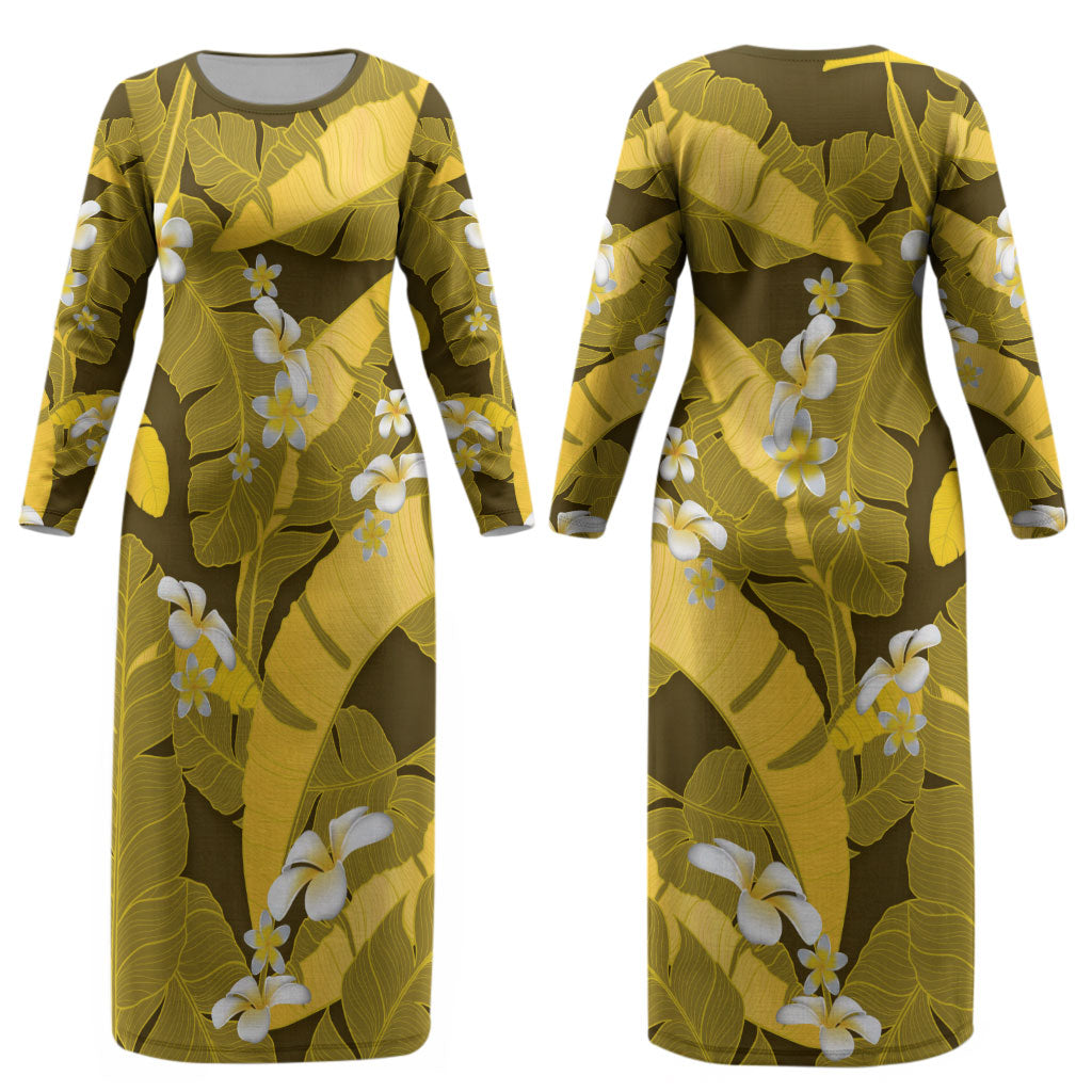 Yellow Banana Leaf Hawaii Couples Matching Long Sleeve Bodycon Dress and Long Sleeve Button Shirt Lau Maia Plumeria Tropical Summer Vibes