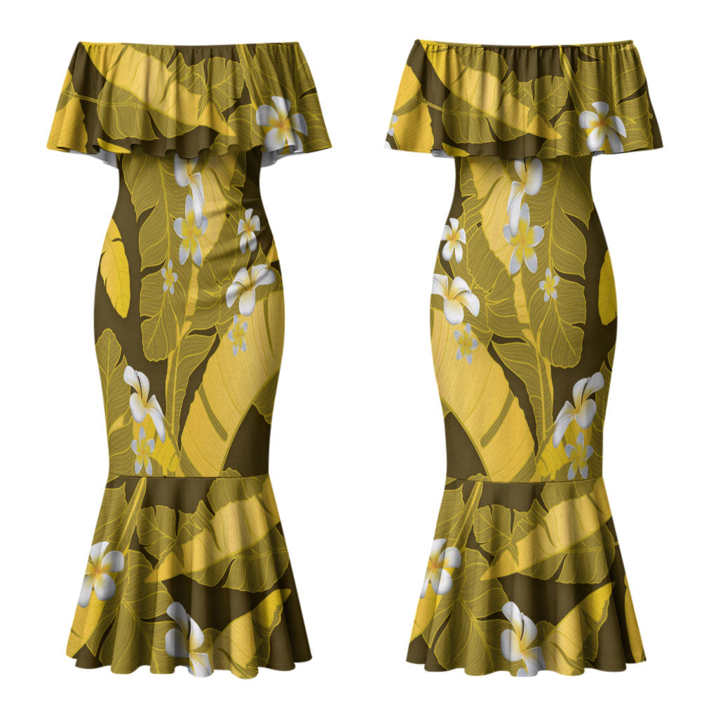 Yellow Banana Leaf Hawaii Couples Matching Mermaid Dress and Hawaiian Shirt Lau Maia Plumeria Tropical Summer Vibes