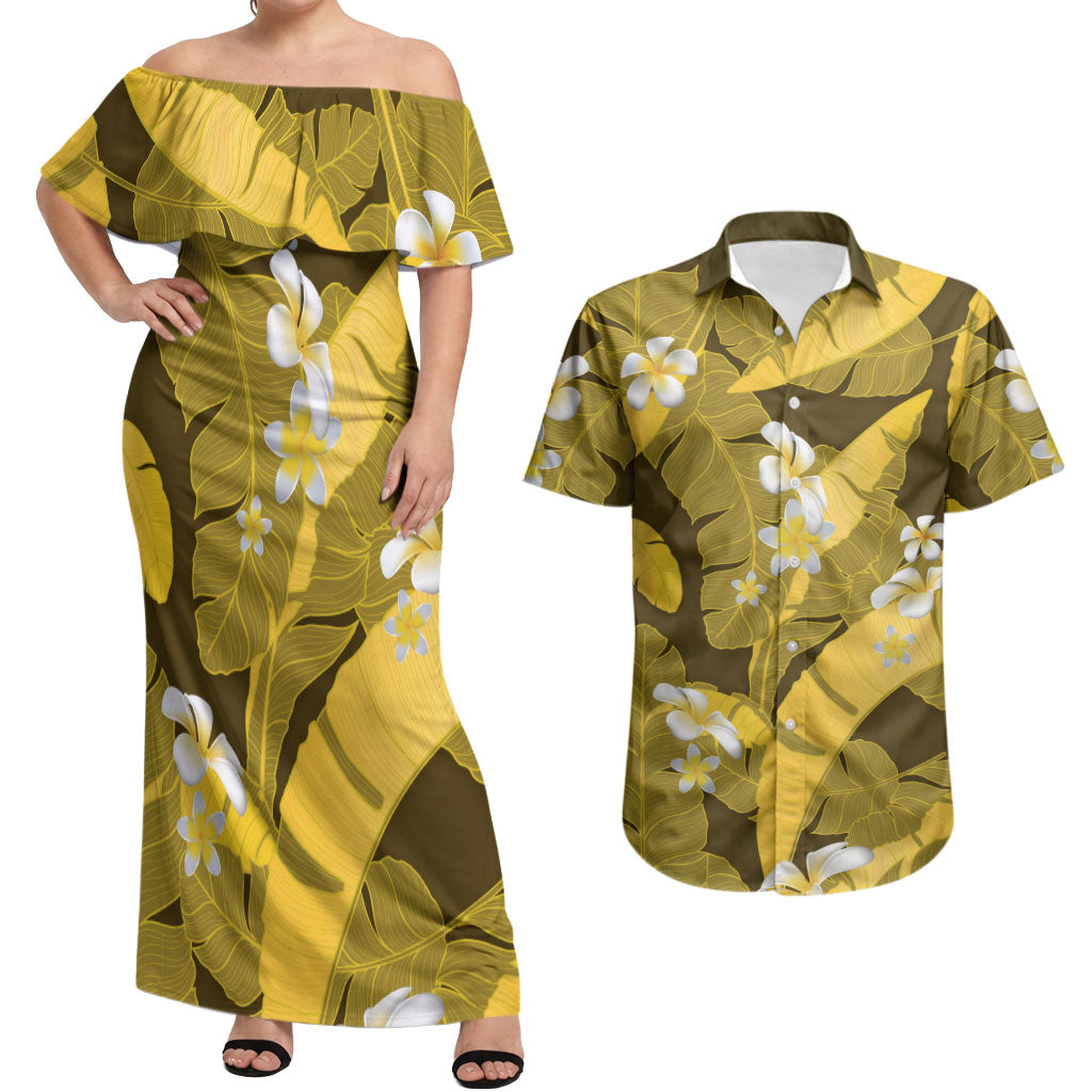 Yellow Banana Leaf Hawaii Couples Matching Off Shoulder Maxi Dress and Hawaiian Shirt Lau Maia Plumeria Tropical Summer Vibes
